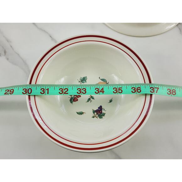 Stone Ware Cereal Bowl 7" Fruit Design Strawberry Grapes Pear Cream Red Trim x2 - Picture 12 of 12